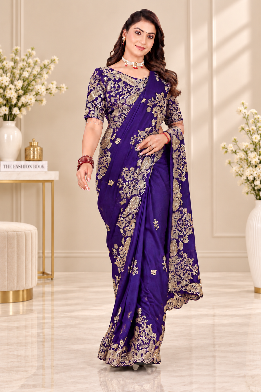 Navy Blue Pure Soft Rangoli Silk C-Pallu Saree with Stitched Blouse