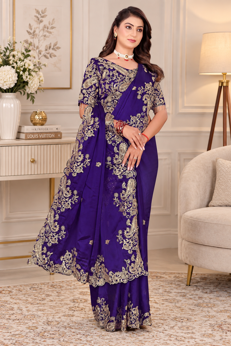 Navy Blue Pure Soft Rangoli Silk C-Pallu Saree with Stitched Blouse