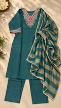 Teal Milano Glass Fabric Embroidered Suit With Dupatta