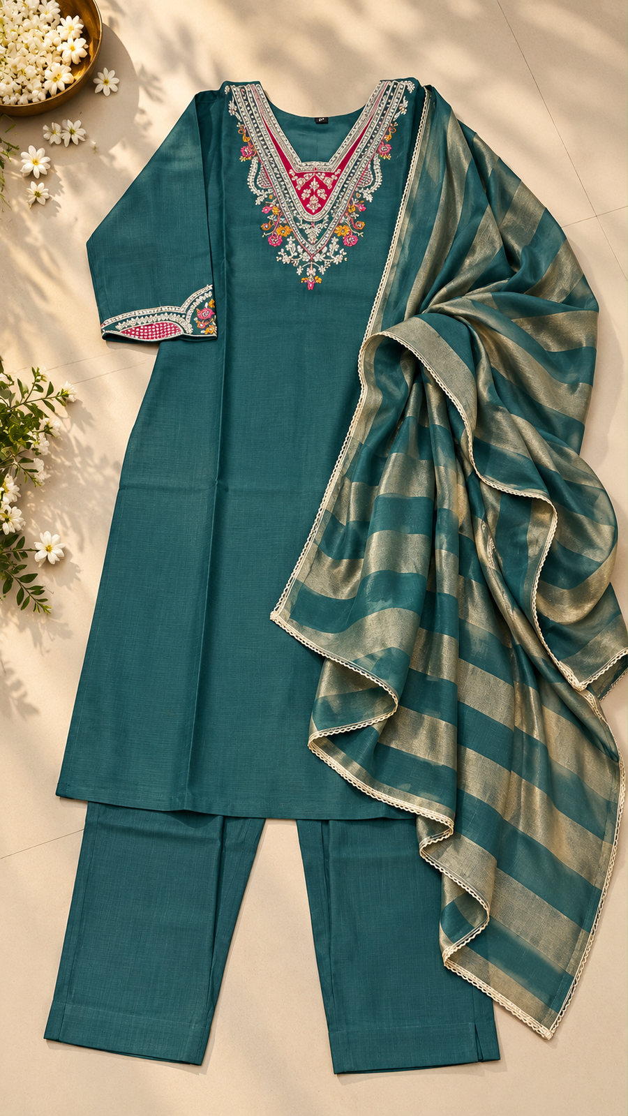 Teal Milano Glass Fabric Embroidered Suit With Dupatta