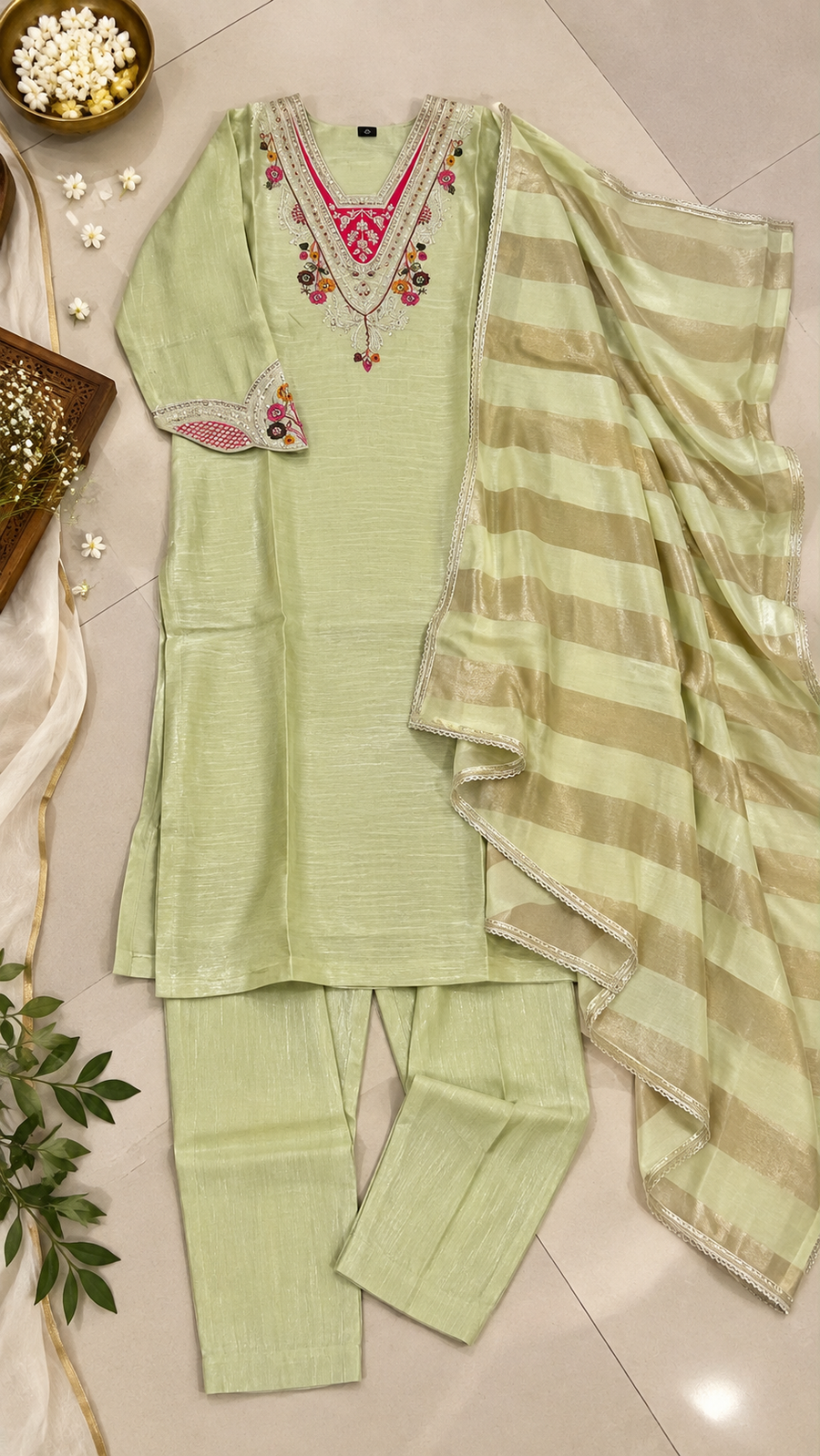 Pista Green Milano Glass Fabric Embroidered Suit With Dupatta