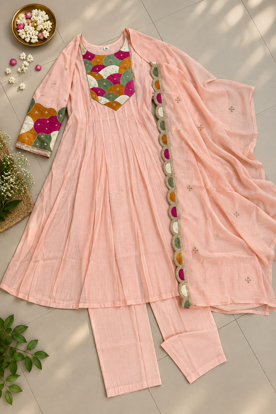 Peach Soft Mull Chanderi 22 Kali Anarkali Suit With Dupatta