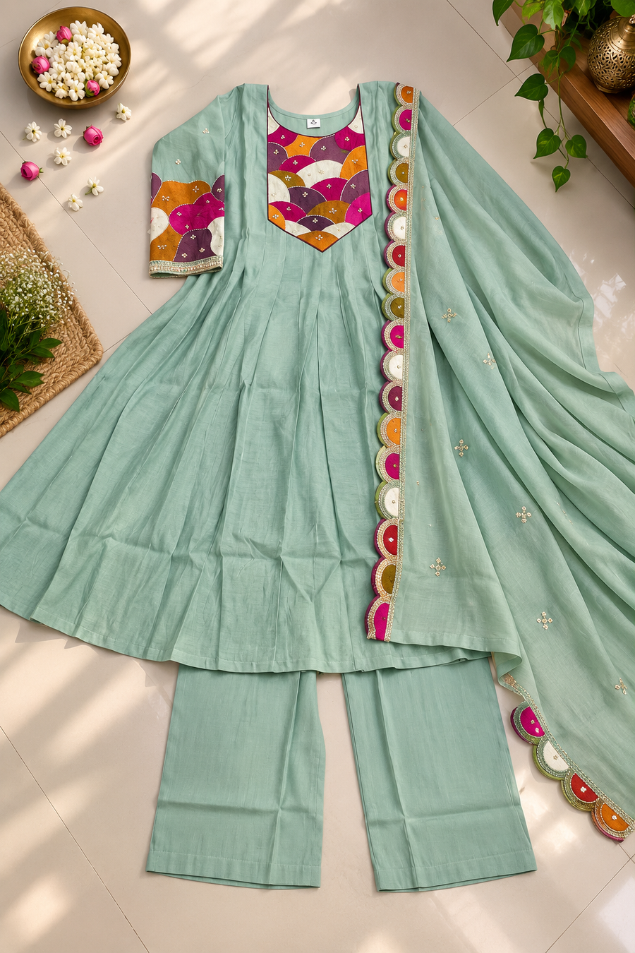 Mint Green Soft Mull Chanderi 22 Kali Anarkali Suit With Dupatta