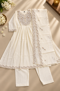 Off-White Mull Cotton Embroidered Suit Set With Dupatta