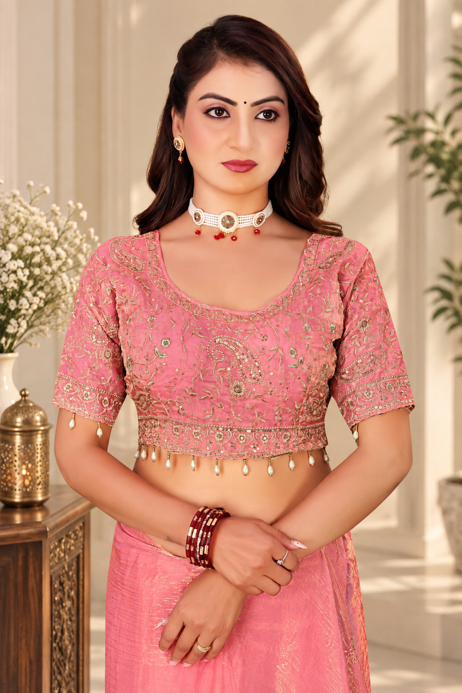 Peach Pink Fendy Satin Embroidered Saree with Fully Stitched Heavy Sequin Work Blouse