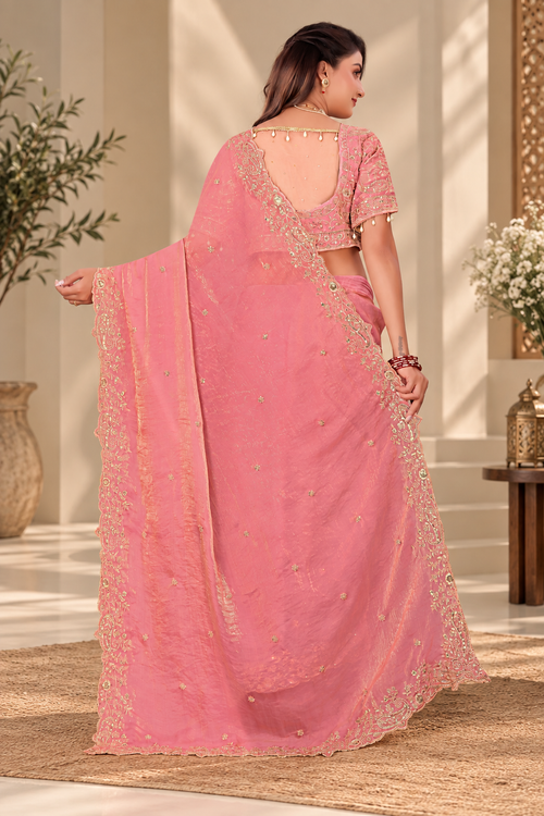Peach Pink Fendy Satin Embroidered Saree with Fully Stitched Heavy Sequin Work Blouse