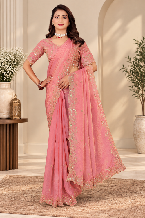 Peach Pink Fendy Satin Embroidered Saree with Fully Stitched Heavy Sequin Work Blouse