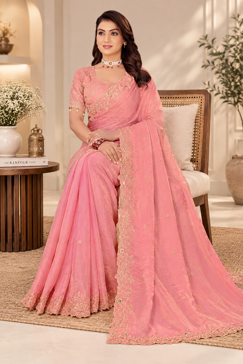 Peach Pink Fendy Satin Embroidered Saree with Fully Stitched Heavy Sequin Work Blouse