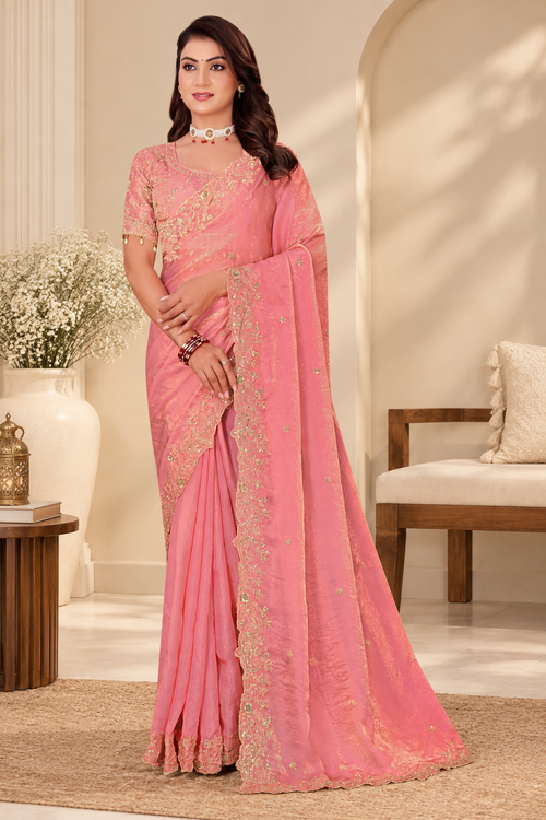 Peach Pink Fendy Satin Embroidered Saree with Fully Stitched Heavy Sequin Work Blouse