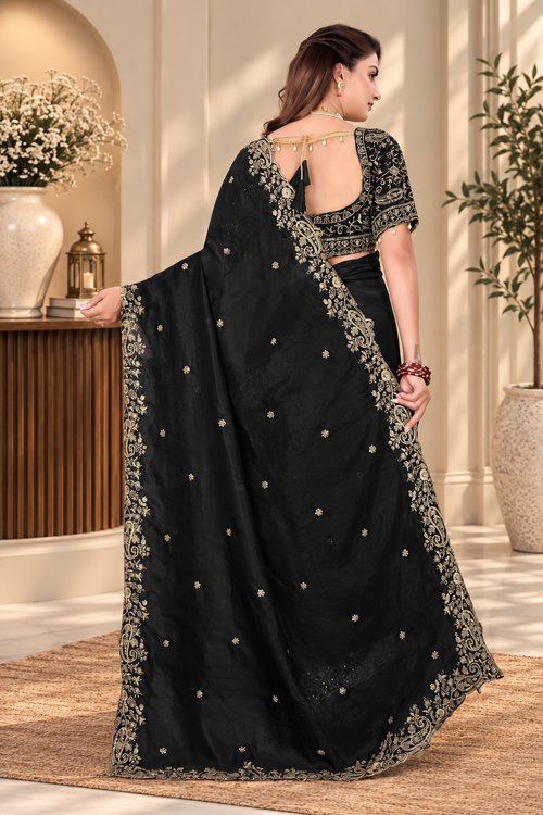 Black Fendy Satin Embroidered Saree with Fully Stitched Heavy Sequin Work Blouse