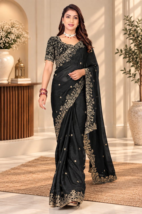 Black Fendy Satin Embroidered Saree with Fully Stitched Heavy Sequin Work Blouse