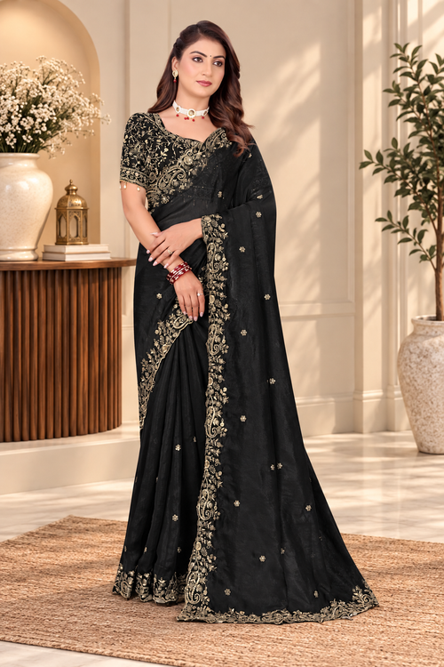 Black Fendy Satin Embroidered Saree with Fully Stitched Heavy Sequin Work Blouse