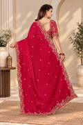 Ruby Red Fendy Satin Embroidered Saree with Fully Stitched Heavy Sequin Work Blouse