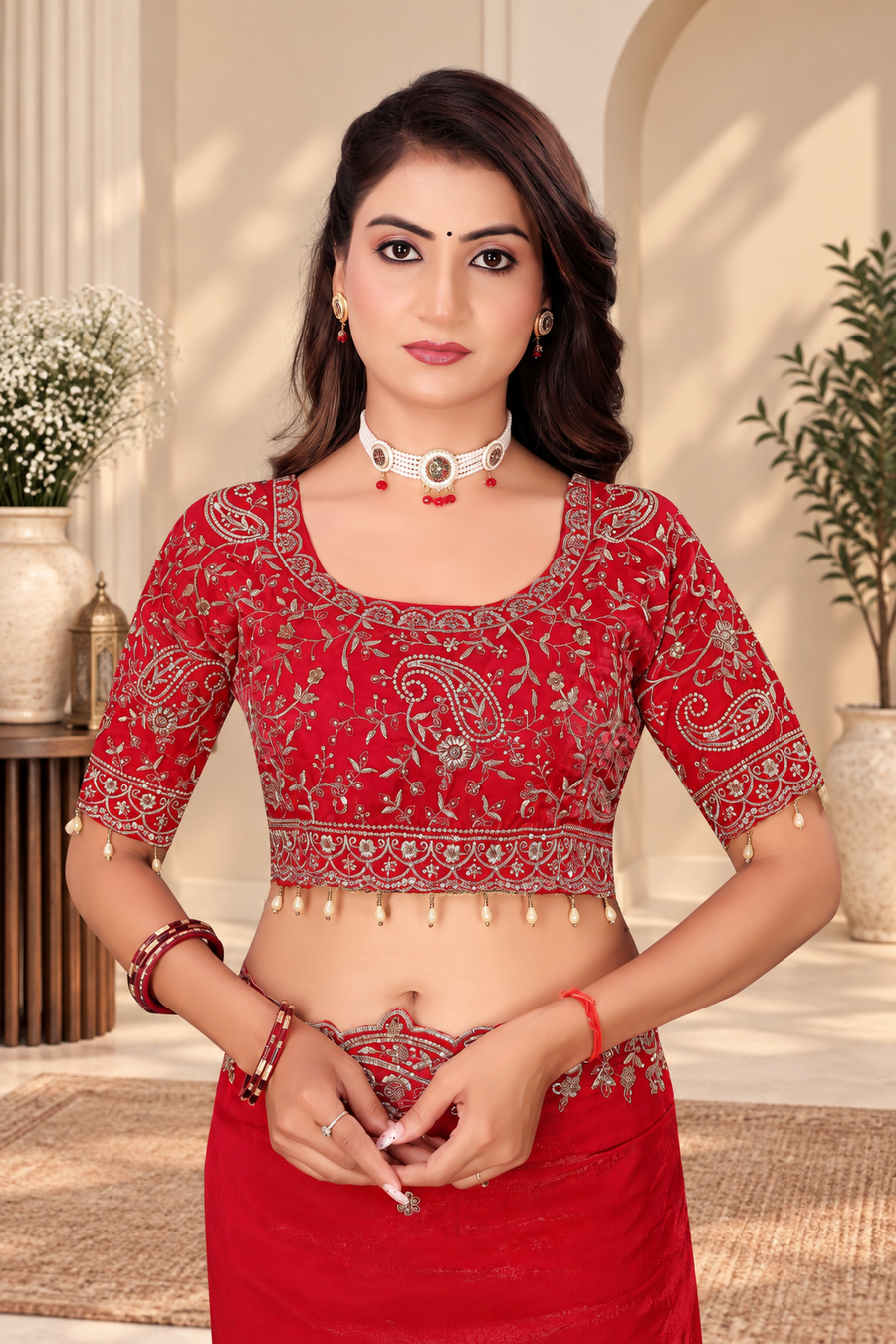 Ruby Red Fendy Satin Embroidered Saree with Fully Stitched Heavy Sequin Work Blouse