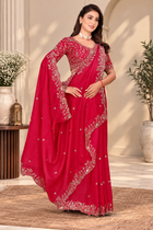 Ruby Red Fendy Satin Embroidered Saree with Fully Stitched Heavy Sequin Work Blouse