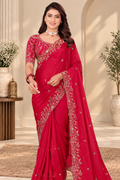 Ruby Red Fendy Satin Embroidered Saree with Fully Stitched Heavy Sequin Work Blouse