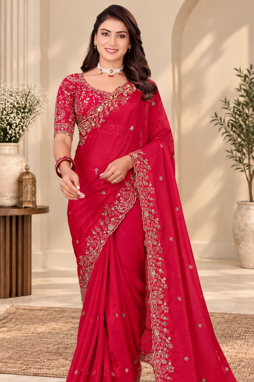 Ruby Red Fendy Satin Embroidered Saree with Fully Stitched Heavy Sequin Work Blouse