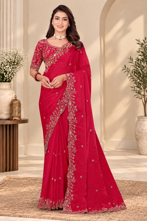 Ruby Red Fendy Satin Embroidered Saree with Fully Stitched Heavy Sequin Work Blouse
