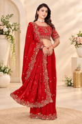 Cherry Red Fendy Satin Embroidered Saree with Fully Stitched Heavy Sequin Work Blouse