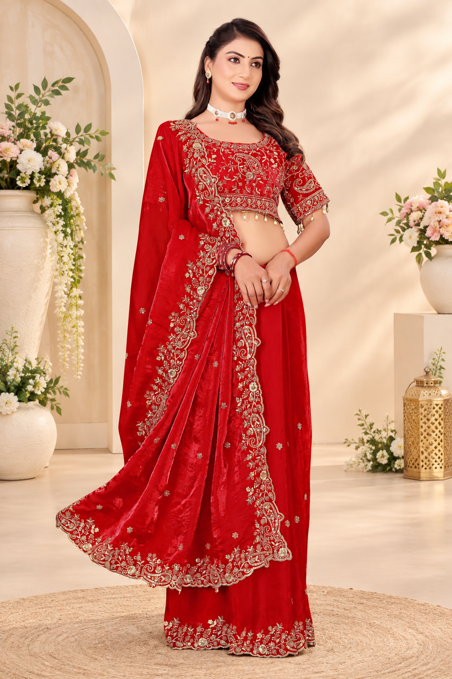 Cherry Red Fendy Satin Embroidered Saree with Fully Stitched Heavy Sequin Work Blouse