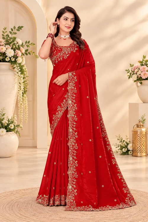 Cherry Red Fendy Satin Embroidered Saree with Fully Stitched Heavy Sequin Work Blouse