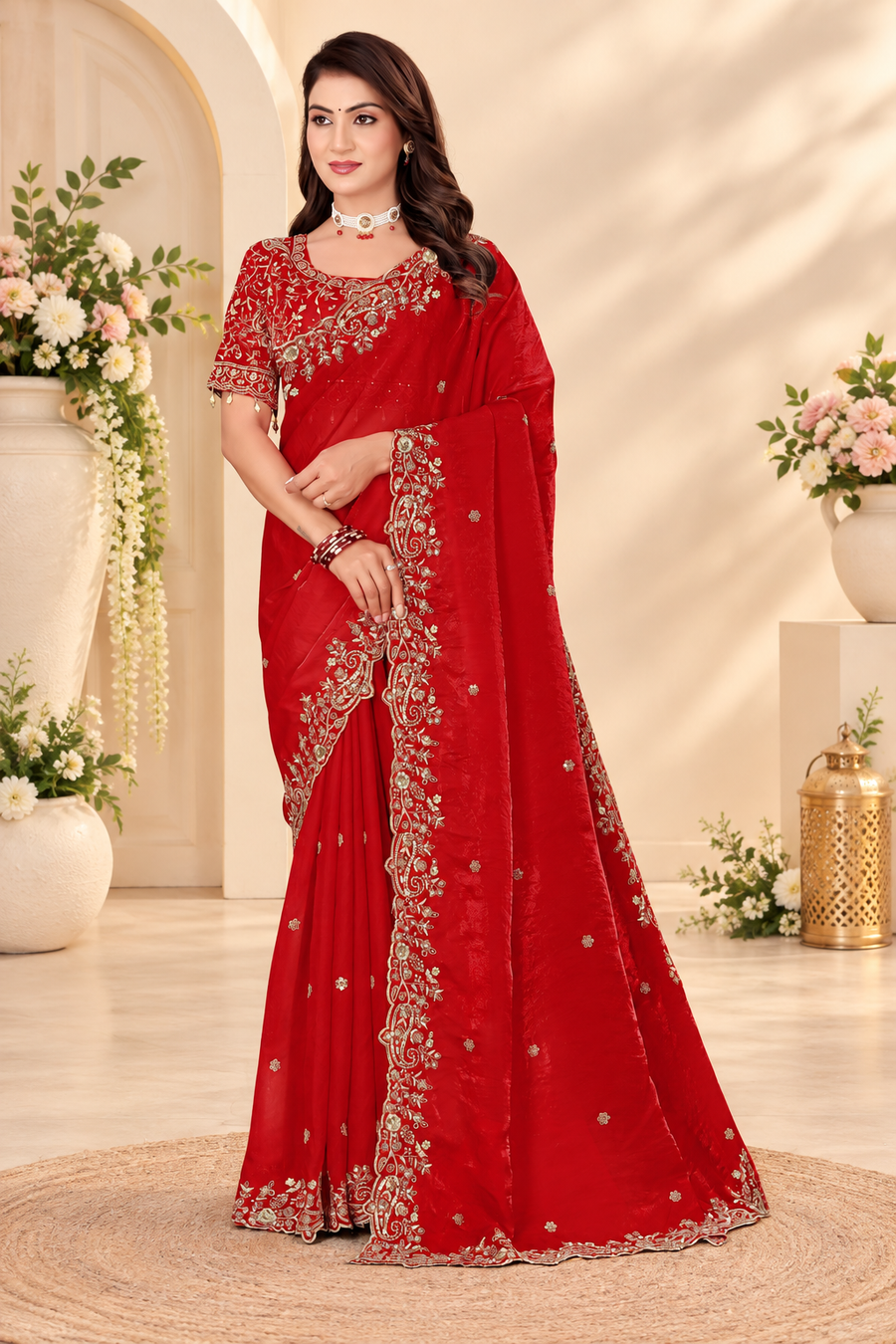 Cherry Red Fendy Satin Embroidered Saree with Fully Stitched Heavy Sequin Work Blouse