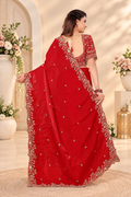 Cherry Red Fendy Satin Embroidered Saree with Fully Stitched Heavy Sequin Work Blouse