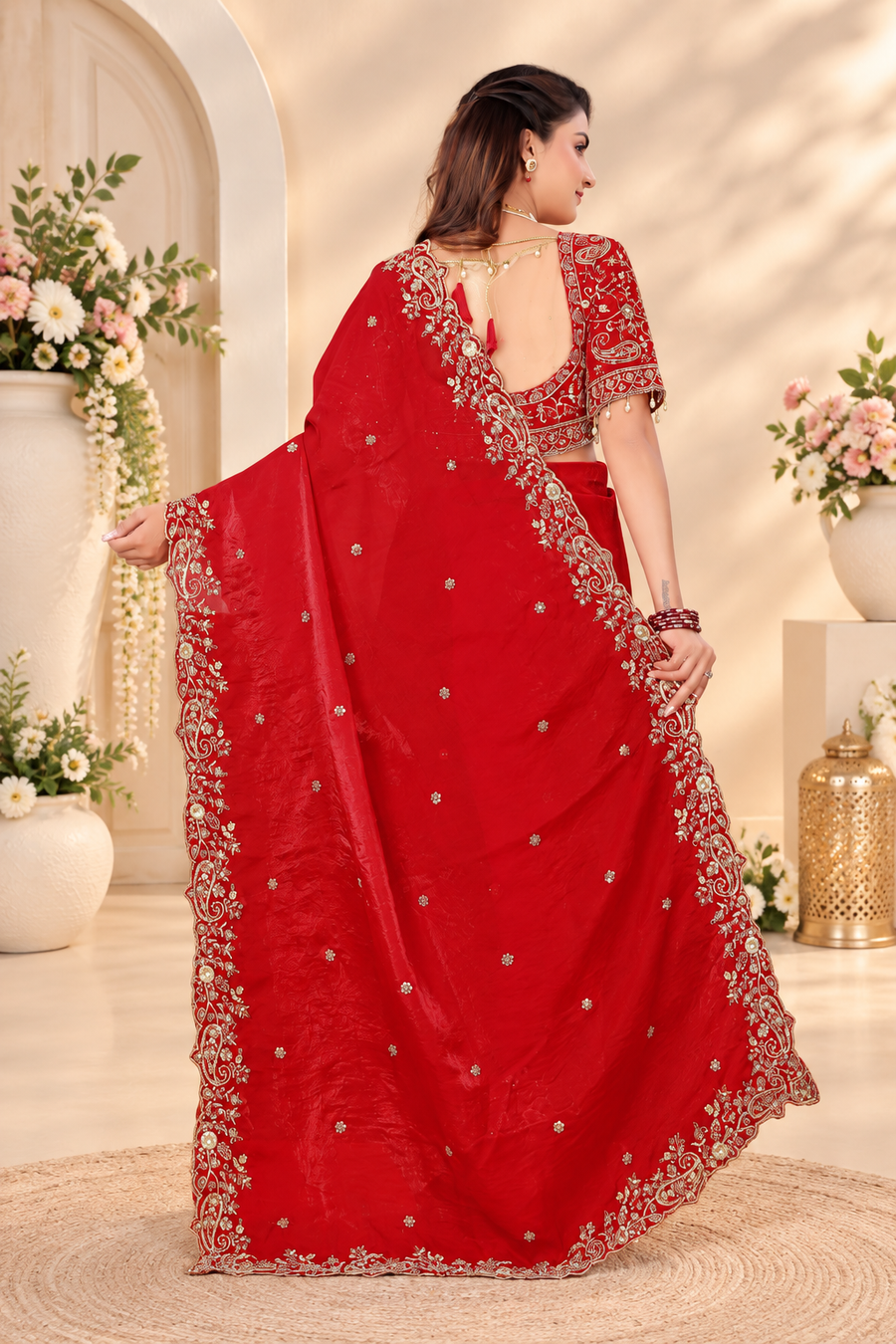 Cherry Red Fendy Satin Embroidered Saree with Fully Stitched Heavy Sequin Work Blouse