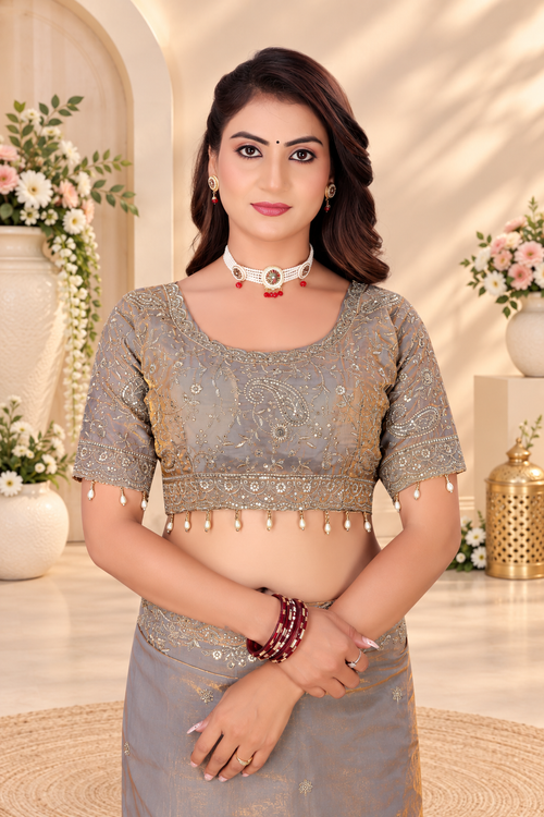 Smoky Grey Fendy Satin Embroidered Saree with Fully Stitched Heavy Sequin Work