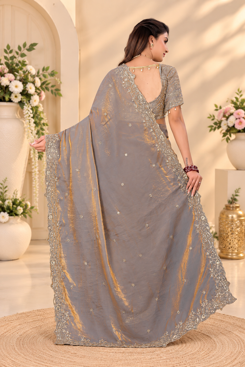 Smoky Grey Fendy Satin Embroidered Saree with Fully Stitched Heavy Sequin Work
