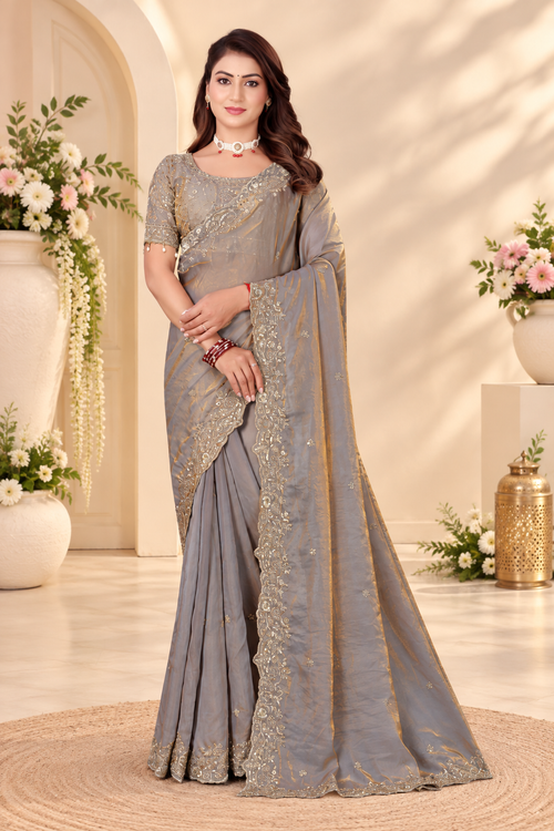Smoky Grey Fendy Satin Embroidered Saree with Fully Stitched Heavy Sequin Work