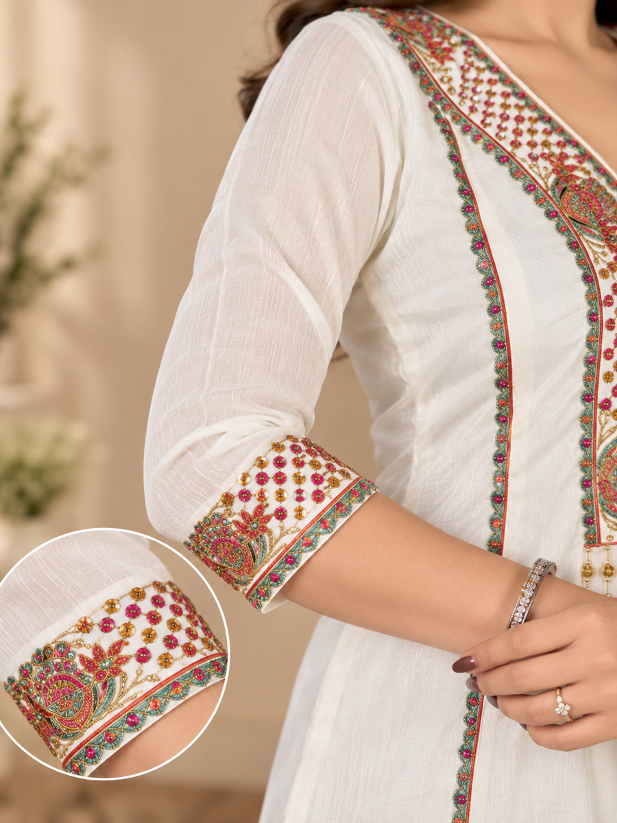 White Milano Glass Fabric Suit With Magenta Striped Dupatta
