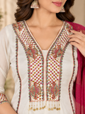 White Milano Glass Fabric Suit With Magenta Striped Dupatta