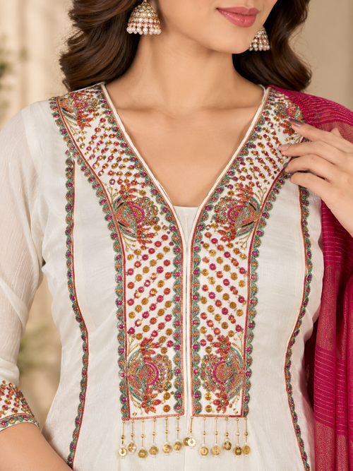 White Milano Glass Fabric Suit With Magenta Striped Dupatta