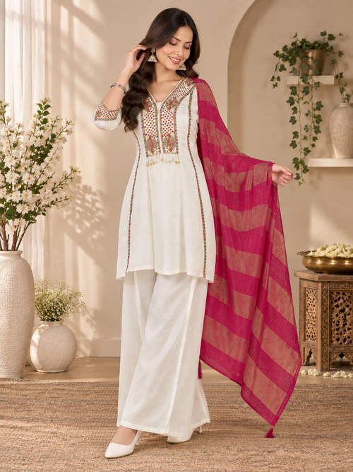 White Milano Glass Fabric Suit With Magenta Striped Dupatta