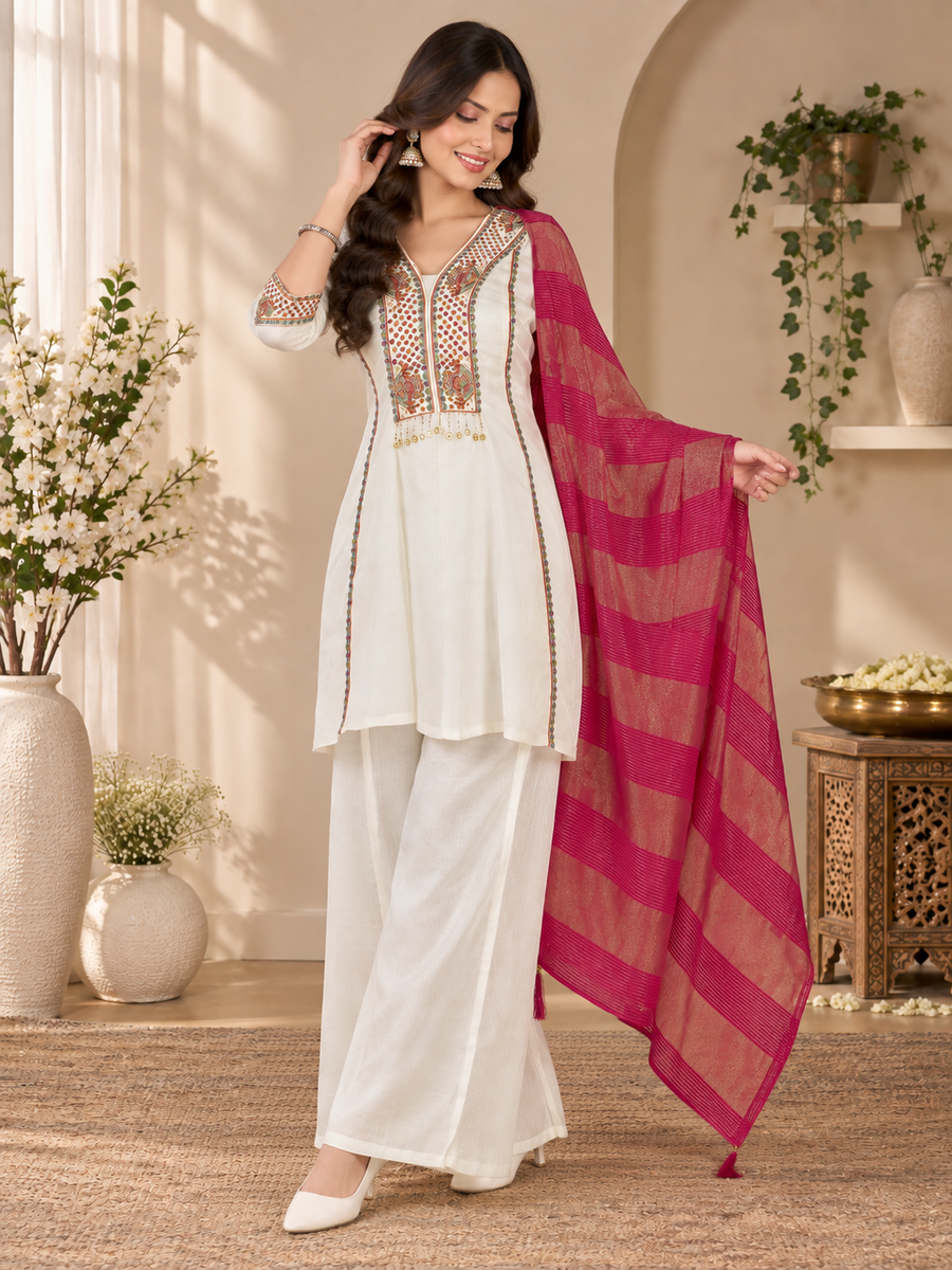 White Milano Glass Fabric Suit With Magenta Striped Dupatta