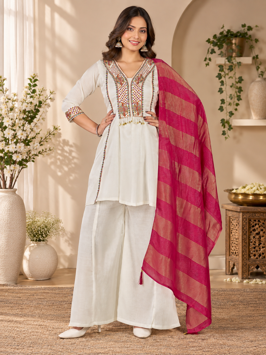 White Milano Glass Fabric Suit With Magenta Striped Dupatta