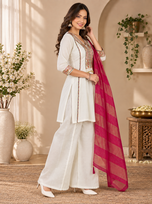 White Milano Glass Fabric Suit With Magenta Striped Dupatta