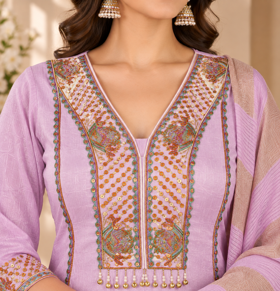 Lavender Milano Glass Fabric Suit With Beige Striped Dupatta