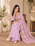 Lavender Milano Glass Fabric Suit With Beige Striped Dupatta