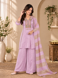Lavender Milano Glass Fabric Suit With Beige Striped Dupatta