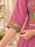 Rose Pink Milano Glass Fabric Suit With Beige Striped Dupatta