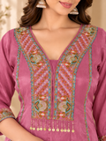 Rose Pink Milano Glass Fabric Suit With Beige Striped Dupatta