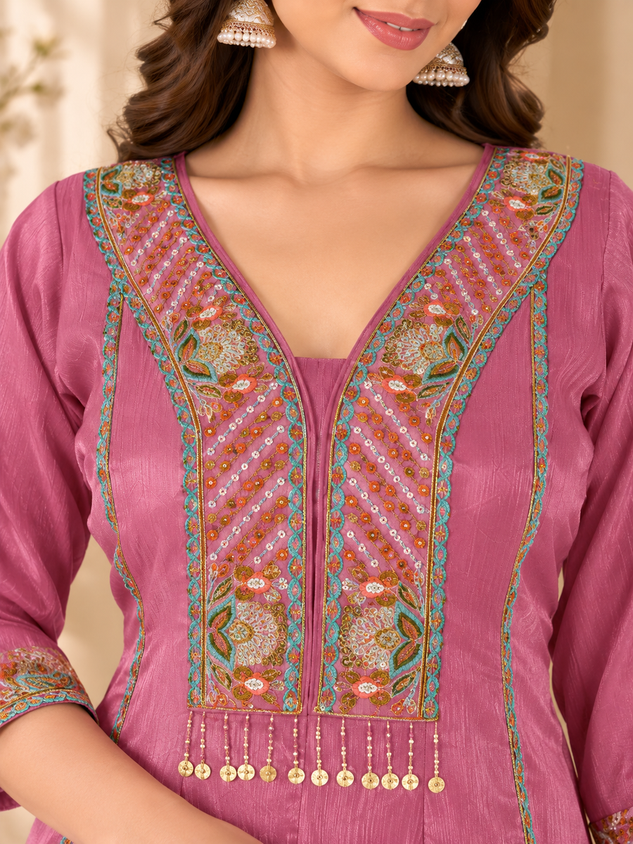 Rose Pink Milano Glass Fabric Suit With Beige Striped Dupatta