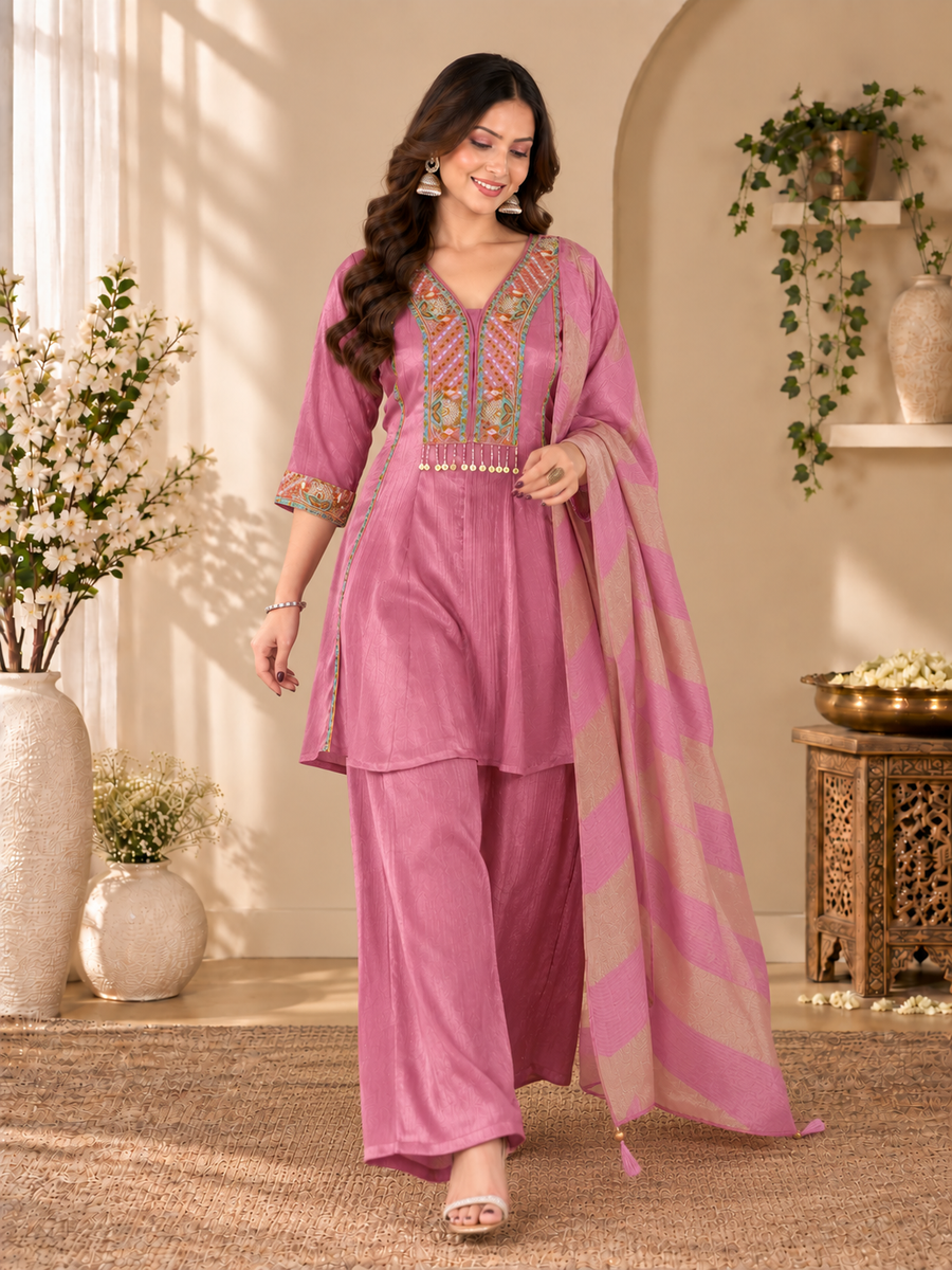 Rose Pink Milano Glass Fabric Suit With Beige Striped Dupatta