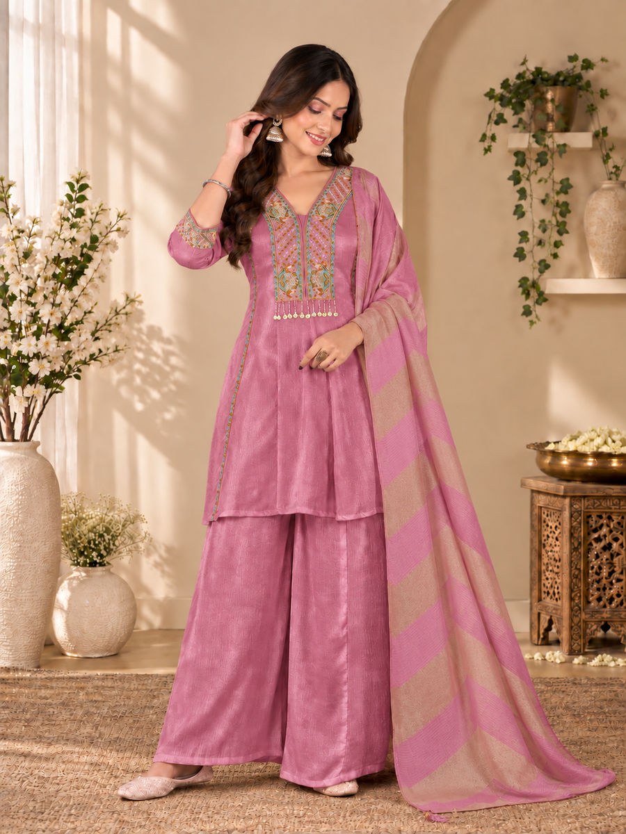 Rose Pink Milano Glass Fabric Suit With Beige Striped Dupatta