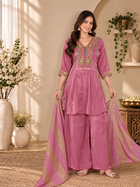 Rose Pink Milano Glass Fabric Suit With Beige Striped Dupatta