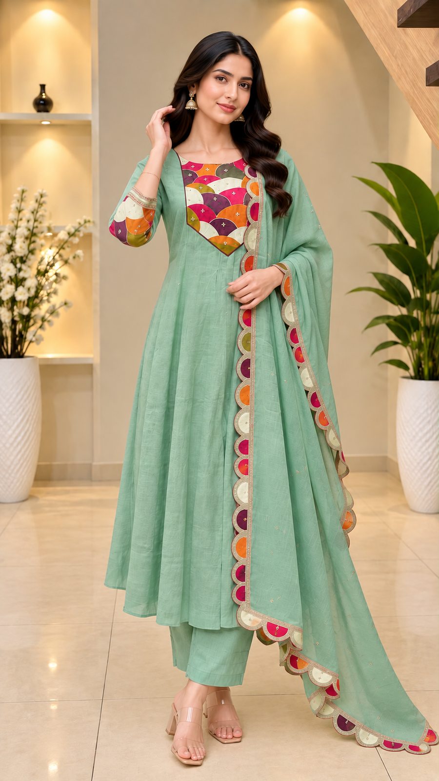Mint Green Soft Mull Chanderi 22 Kali Anarkali Suit With Dupatta