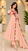 Peach Soft Mull Chanderi 22 Kali Anarkali Suit With Dupatta