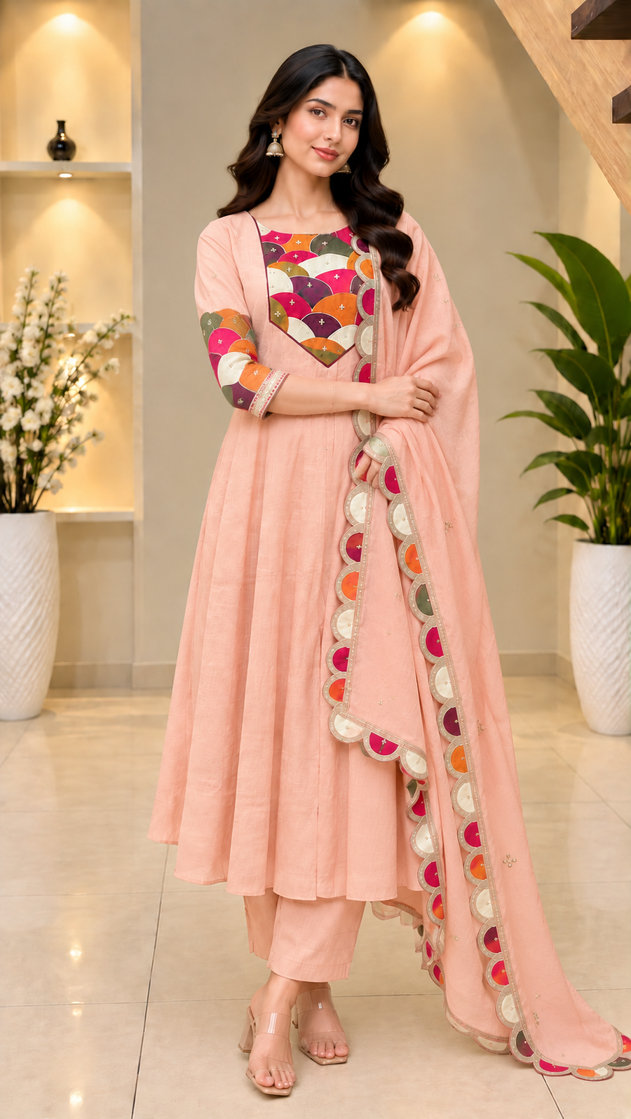 Peach Soft Mull Chanderi 22 Kali Anarkali Suit With Dupatta